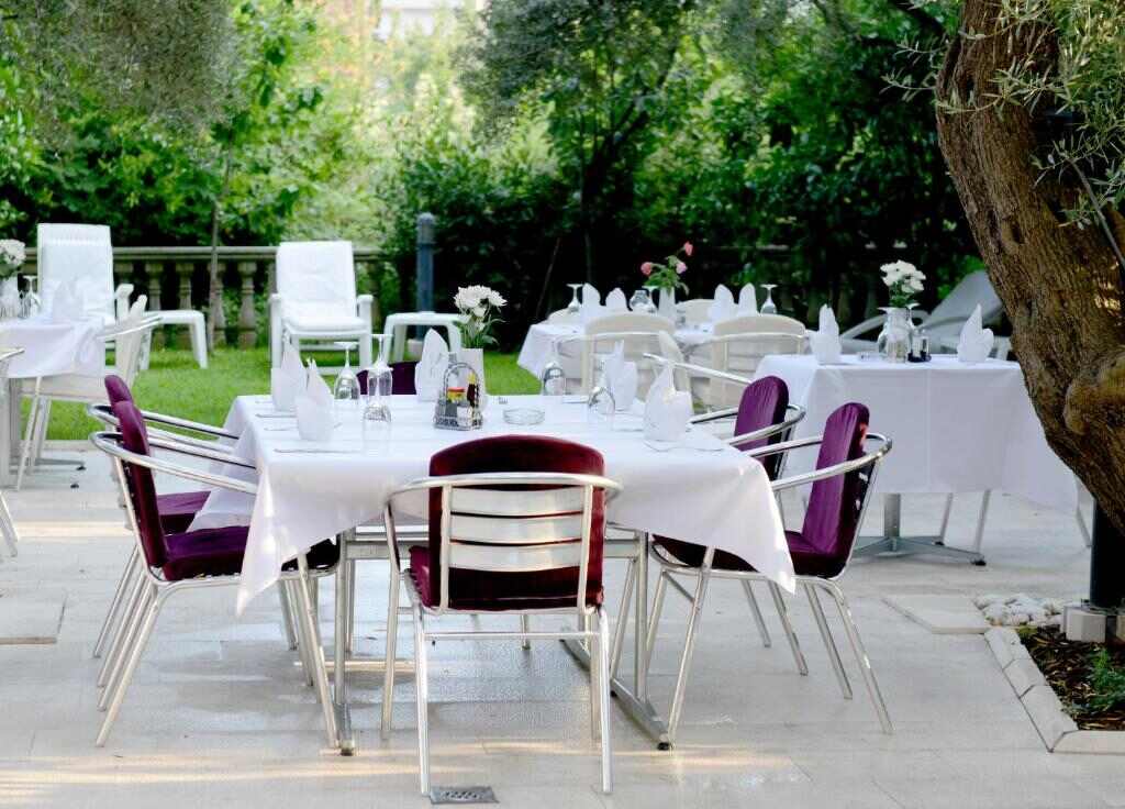 Garden terrace dining area under olive trees at the hotel